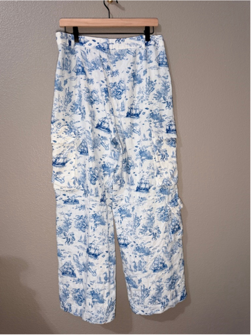 Avec Les Filles linen blend White Blue Toile Print Wide Leg Cargo Pants M - Picture 5 of 8